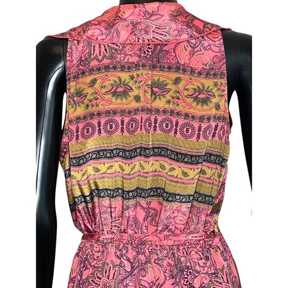 Raga Pink Boho Paisley Ruffle Midi Dress – Sleeveless Tie Waist SP - Picture 9 of 13